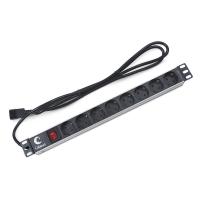 Cabeus PDU-8P-2IEC Блок евророзеток для 19" шкафов, горизонтальный, 8 розеток, 10 A, выключатель, алюминиевый корпус, шнур 2 м, вилка IEC 320 C14