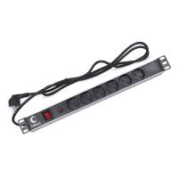 Cabeus PDU-6P-F-2EU Блок евророзеток для 19" шкафов, горизонтальный, 6 розеток, 16 A, выключатель, шнур 2м, алюминиевый корпус, немецкий стандарт